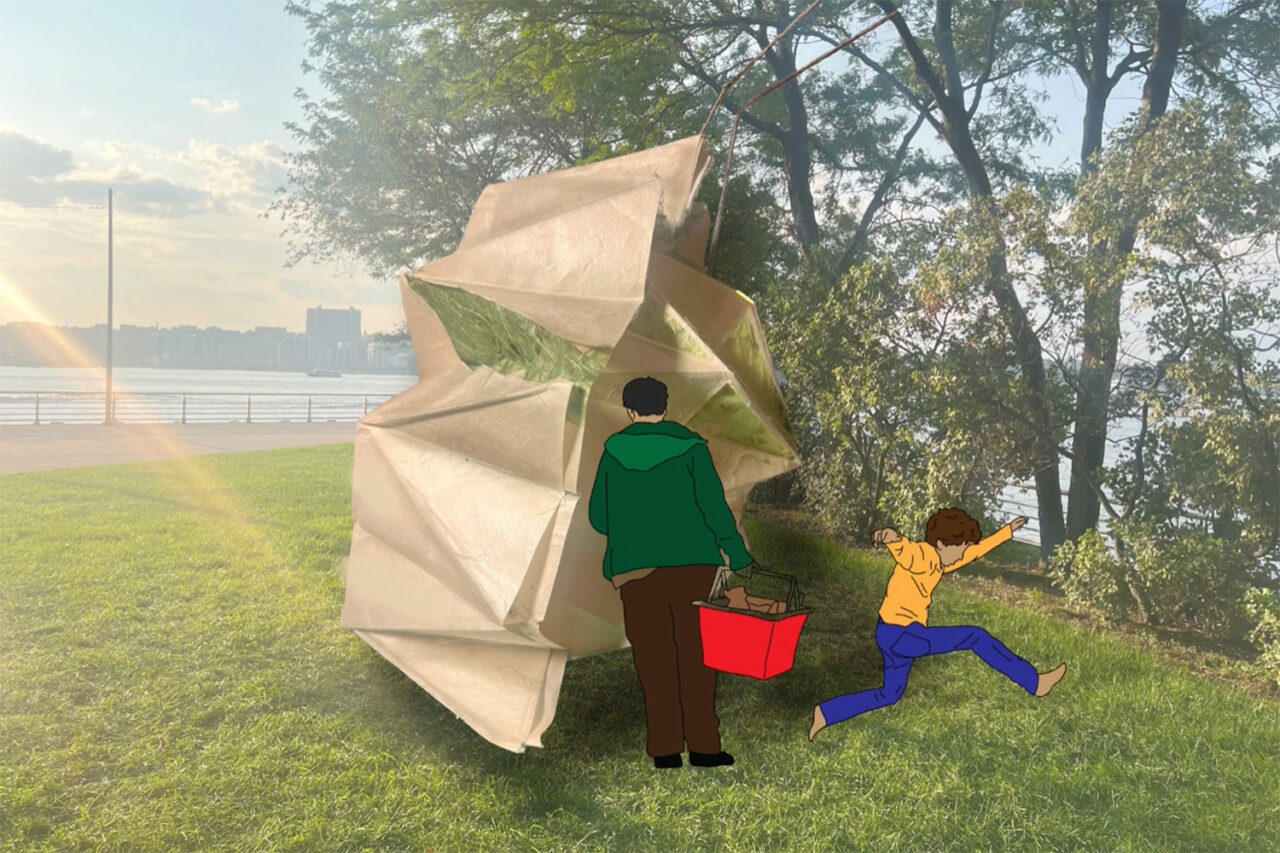 Illustration of a shelter sitting atop the background image of a park