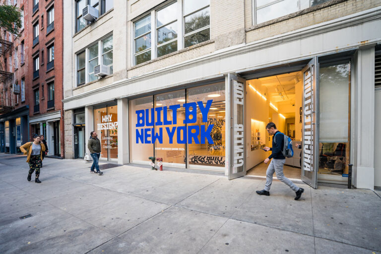 The exterior of the Center for Architecture with the Built by New York exhibition signage on view